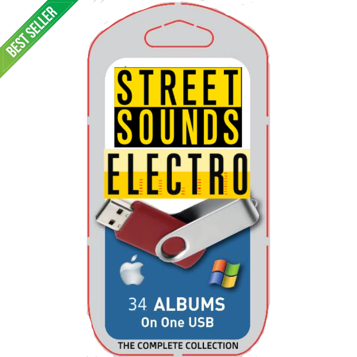 USB drive packaging with 'Street Sounds Electro' branding and album count on a white background